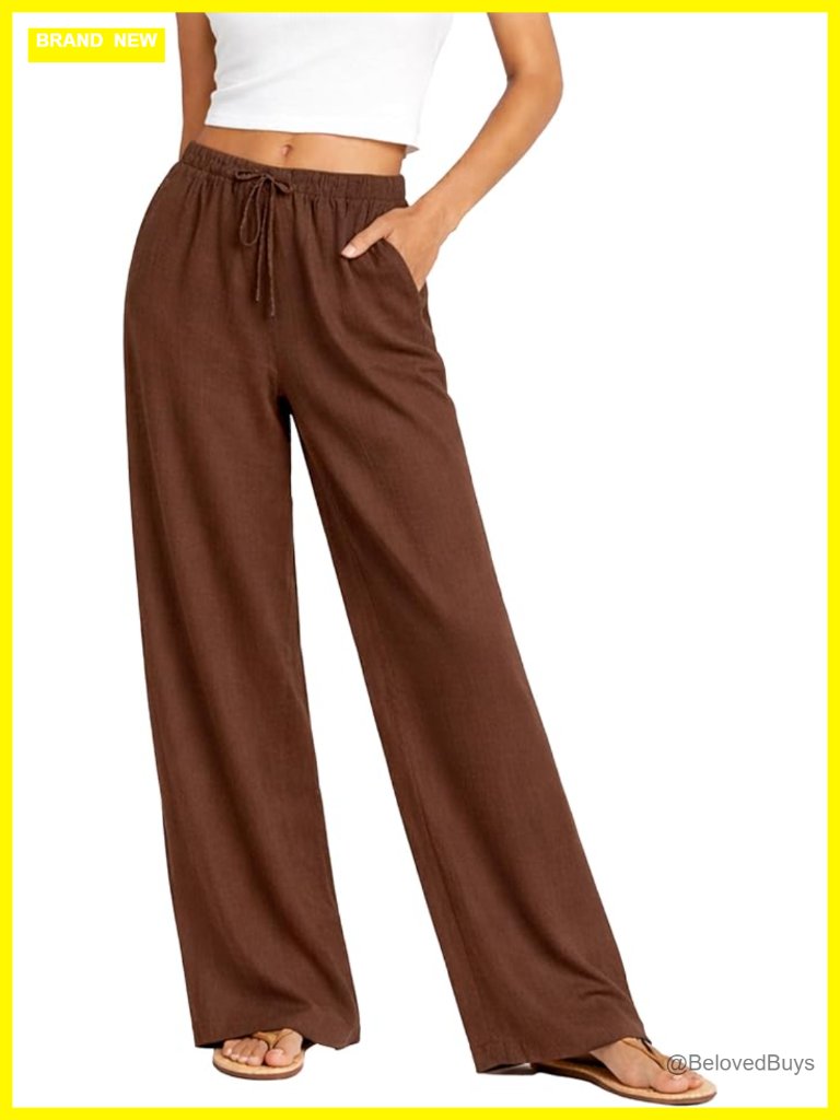 Linen Blend High Waisted Wide Leg Palazzo Pants With Elastic Waist